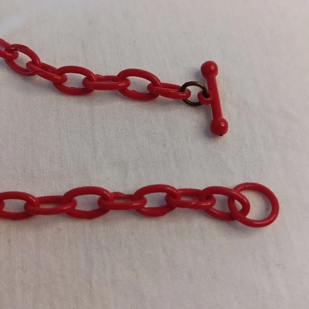1930s-1940s Red Celluloid Clog Necklace Choker Plastic Whimsical 15in Red Shoes